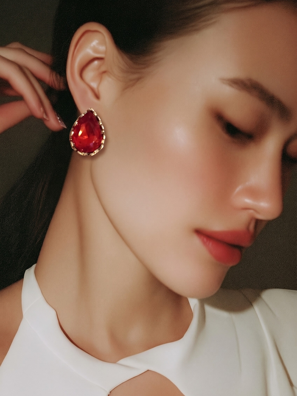 Gold-Trim Red Teardrop Statement Earrings